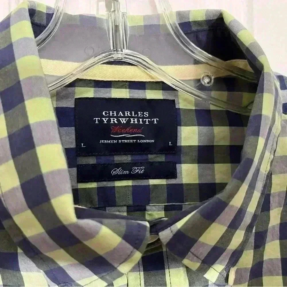 CHARLES TYRWHITT Slim Fit Check Green & Blue Men’s Button Down | size large - Picture 3 of 6
